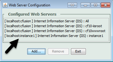 The web server config tool, showing multiple instances configured