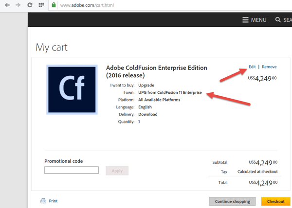 Adobe CF cart page, showing price of product selected